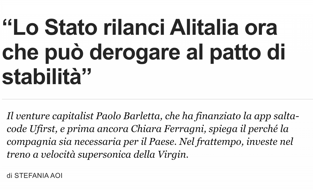 “Lo Stato rilanci Alitalia ora che può derogare al patto di stabilità”